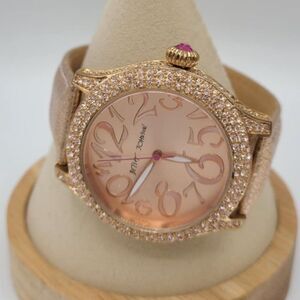 Betsey Johnson Rose Gold Watch with Crystal Bezel Leather Band NWOT!  Works!